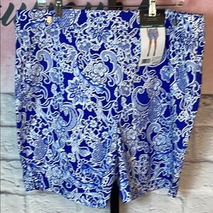 NWT Stretchy Rafaella Blue/White Floral Bermuda Shorts Elastic Waist Size 18